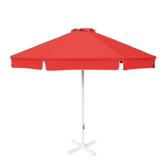 Round Red Patio Umbrella - 10 ft, Metal frame with base, Polyester canopy